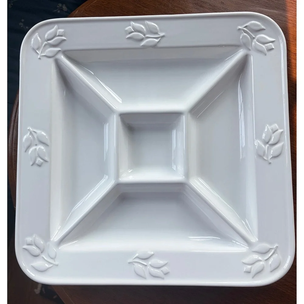 Vintage Portuguese White Ceramic Divided Serving Platter Embossed Leaf Tulip